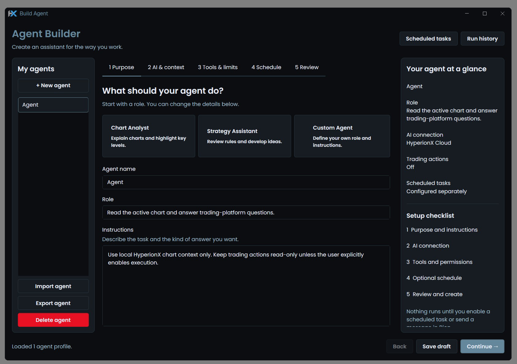 HyperionX Agent Builder with assistant roles, AI context, and a guided setup workflow