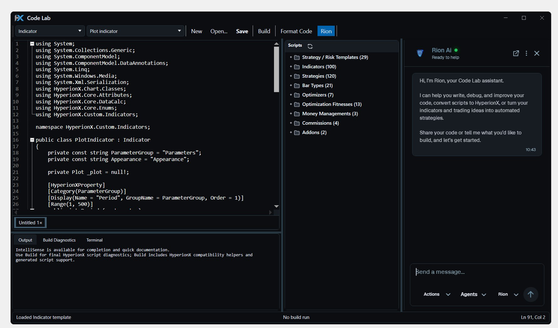 HyperionX Code Lab with a C# editor, script library, diagnostics, and integrated Rion AI assistant